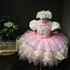 泡泡袖粉色礼服短款蓬蓬儿童礼服裙主持走秀演出表演服