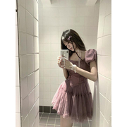 纱芭蕾泡泡2024拼接袖短裙，感紫色蓬蓬，设计子网夏季连衣裙女风