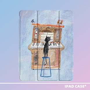 原创艺术手绘小众弹钢琴猫咪适用苹果2022款ipadpro十代11三折ipad亚克力保护壳，10.2寸proair45mini6笔槽