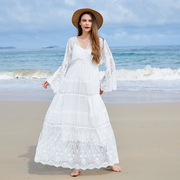海边法式超仙镂空喇叭袖，蕾丝白色沙滩连衣裙，度假旅游小众宽松长裙
