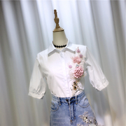 时尚立体刺绣花朵百搭白色，衬衫夏季显瘦五分袖衬衣女上衣