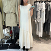 东大门女装2024春夏韩系小众，拼接白色连衣裙高腰，显瘦无袖背心长裙