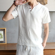 亚麻短袖t恤男士夏季薄款中国风冰丝速干白色唐装体恤宽松上衣服
