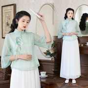 夏装中国风复古气质中式雪纺，改良旗袍七分袖，上衣阔腿裤两件套装女