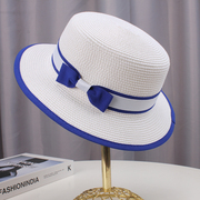 法式平顶草帽女士夏季海边蓝色礼帽白色防晒遮阳帽子太阳凉帽