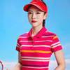 红色横条纹短袖女t恤衫翻领，纯棉2024夏季韩版修身休闲运动polo衫t