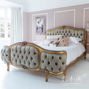 欧式实木雕花1.8米双人床新古典(新古典)卧室，软包床法式复古做旧橡木婚床