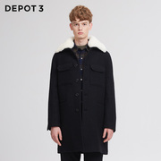 DEPOT3男装大衣原创设计品牌日本进口羊毛中长款可拆羊羔毛领大衣