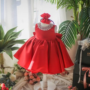 处理女童公主裙女孩红色，儿童晚礼服宝宝，周岁生日大童花童礼服