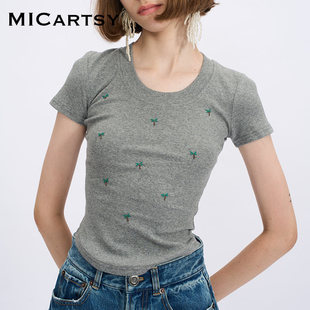micartsy王紫珊夏季法式灰色短袖，修身t恤女士紧身针织上衣