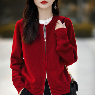 加厚圆领100%羊绒开衫女双拉链，红色毛衣外套气质宽松短款针织上衣