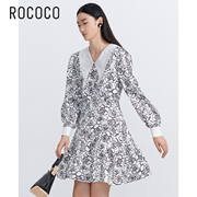 rococo秋季雪纺玫瑰满版印花气质娃娃领长袖连衣裙短裙