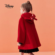迪士尼女童羊毛呢子斗篷，式大衣米妮儿童，大红中长外套宝宝新年服装