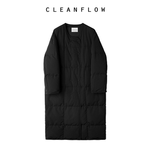 cleanflow黑色95白鹅绒(白鹅绒)圆领，双排扣围巾，羽绒服大衣长款过膝外套