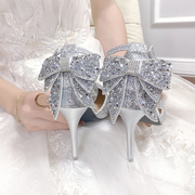 银色高跟鞋女细跟2023夏亮片钻水晶主纱婚鞋秀禾两穿新娘结婚