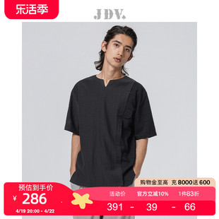 JDV男装2023春夏商场同款黑色小V领拼接休闲短袖T恤STT3561