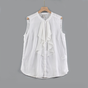 h1欧美外贸夏季清凉款雪纺，设计感宽松大码单排扣显瘦白色衬衫