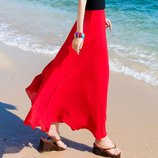 纱裙长裙夏红色(夏红色)雪纺，a字裙半身裙女中长款高腰适合胯大腿粗的裙子
