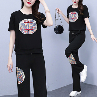 新中式国风休闲短袖+长裤，两件套女2024年夏季胖mm时尚套装服