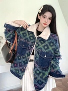 韩国秋冬星星羊羔绒，加厚加绒牛仔外套，女中长款宽松时尚保暖