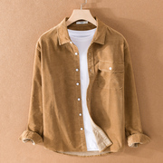 秋季男士灯芯绒长袖衬衫，日系复古青年纯色流行简约百搭衬衣外套潮