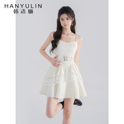 韩语琳白色连衣裙女夏季蕾丝吊带短裙，2024中腰高级感a字裙子