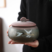 瑞鹤呈祥茶叶罐窑变焕彩手工，复古大小号陶瓷，密封罐普洱储茶罐
