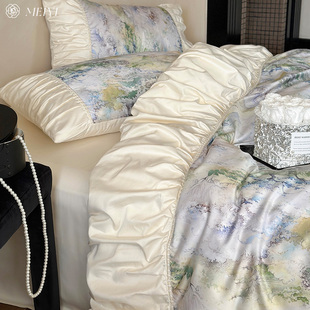 法式浪漫小清新120s天，丝棉四件套亲肤裸睡床单被套罩印花床上用品