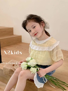 韩版女童洋气短袖雪纺衫，23夏季纯棉，蕾丝圆领鹅黄色上衣娃娃衫