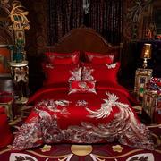 高端四件套结婚床上用品婚庆床单被罩刺绣大红纯棉龙凤十件套