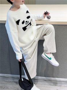 童童妈定制男女童韩版宽松白色熊猫毛衣卡通圆领长袖针织衫秋冬装