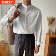 新中式立领衬衫男长袖白色，免烫衬衣伴郎，上衣2023年商务休闲风薄款