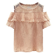 粉色露肩蕾丝上衣女短袖，夏季2024镂空洋气小衫宽松显瘦雪