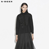 sdeer圣迪奥女装春装，时尚翻领雪纺拼接黑色，长袖衬衫s21380505