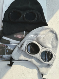 mamastudio秋冬日系，儿童飞行员墨镜毛线，帽滑雪护耳护目防风保暖