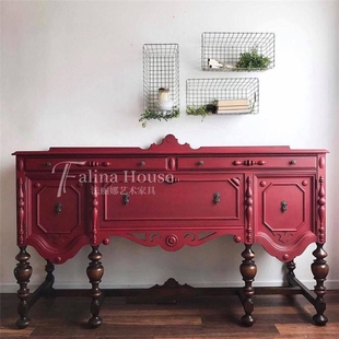 法式新古典轻奢实木玄关柜欧式美式复古红色客厅装饰柜入户门厅柜