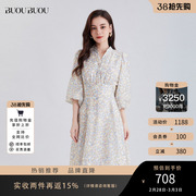 buoubuou2023早秋法式淑女，印花蝴蝶结飘带高腰，雪纺连衣裙女