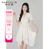 韩语琳白色v领连衣裙女夏季高腰不规则，短裙2024雪纺蕾丝裙子