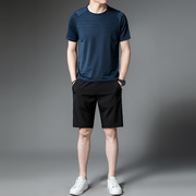 男士休闲套装冰丝速干夏季薄运动短袖上衣T恤五分短裤两件套男式