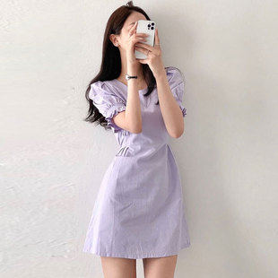韩国chic夏季法式香芋紫圆领褶皱收腰显瘦泡泡袖小个子A字连衣裙