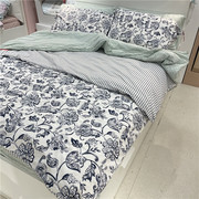 IKEA宜家 尤尼玛诺 被套和枕套深蓝色花卉图案纯棉单人双人被罩