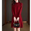 秋冬蕾丝毛衣裙时尚宽松半高领内搭中裙新年红色氛围感针织连衣裙