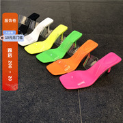 现20夏新韩国东大门女鞋，欧美糖果色，透明塑胶一字露趾方底高跟凉拖