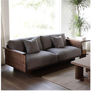 北欧黑胡桃木实木高端家具定制棉麻小户型简约日式三人位布艺沙发