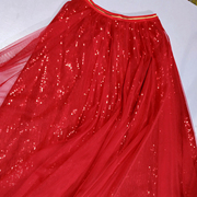 红色半身裙女中长款高腰a字大码显瘦遮胯亮片网，纱裙大摆仙女裙