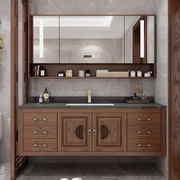 新中式岩板浴室组合吊柜红橡木，实木洗漱台盆柜，智能镜柜卫浴柜定制