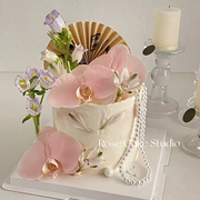 国潮中式国风蛋糕装饰木制屏风纸扇子蝴蝶兰花朵婚礼甜品台插件