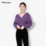 2024秋装欧美时尚宽松长袖短款紫色针织衫V领薄款外穿毛衣