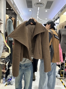 allin2023冬季韩版气质法式立领，短款羊毛外套，咖色毛呢西装女