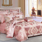 高档欧式贡缎提花床上用品四件套奢华粉色婚庆床盖，六八十件套床品
